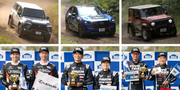 ラリー北海道で優勝した、TOYO TIREの「OPEN COUNTRY」を装着した競技車両の走行シーン。